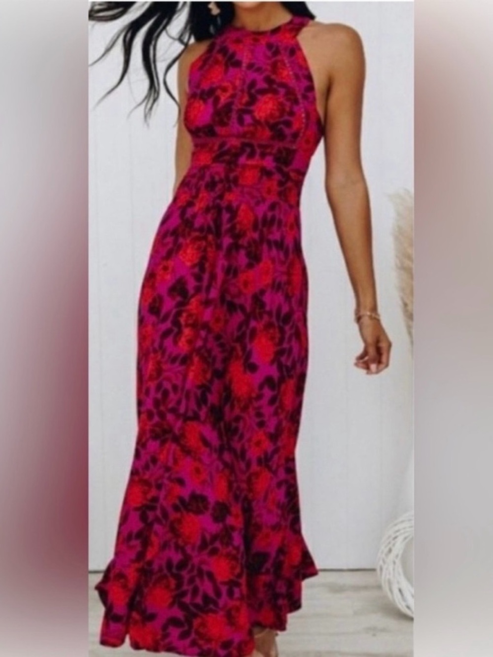 Anthropologie Abel the Label Halter Floral Maxi Dress in Fuchsia Red!!